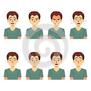 Avatars emotions. Set a man with a variety of emotions. Male face with different expressions. Man in flat design