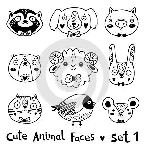 Avatars funny animal faces Raccoon Dog Pig Bear Ram Hare Rabbit Cat Bird Mouse Rat. Vector illustration