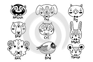 Avatars funny animal faces Raccoon Dog Pig Bear Ram Hare Rabbit Cat Bird Mouse Rat. Vector illustration