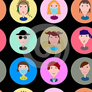 Avatars for girls and boys. Seamless pattern from a set of icons boys and girls on a dark background
