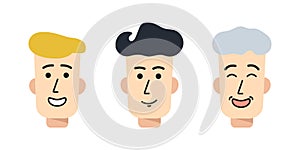 Avatars of men. Head Boy, young guy, old man. Collection Face of smiling characters. Male people. Set of Portraits