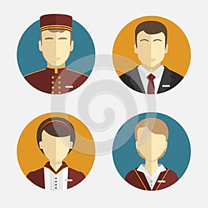 Avatars people. The hotel staff. Reception, curtains, maid manager. Vector flat design