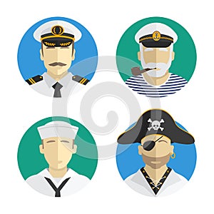 Avatars people. profession. sailor, pirate, Captain. Vector flat design