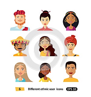 Avatars people of various nationalities in traditional costumes isolated vector illustrations