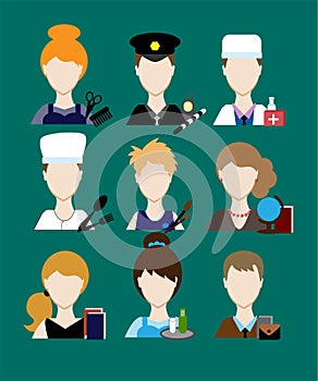 Profession people cop, doctor, cook, hairdresser, an artist, teacher, waiter, a businessman, secretary. Face men uniform. Avatars