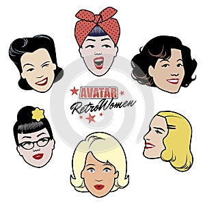 Avatars retro women. Set of six 40`s or 50`s style women`s avata