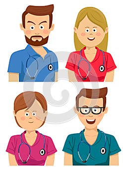 Avatars of young hospital workers in multicolored scrubs