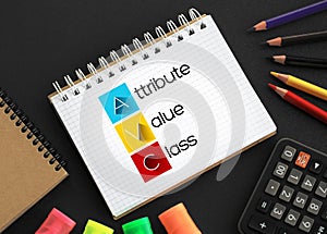AVC - Attribute Value Class acronym on notepad, technology concept background