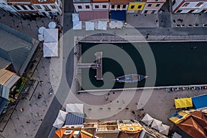 Aveiro, Portugal Colored moliceiro boats channel, Zenital, aerial view photo