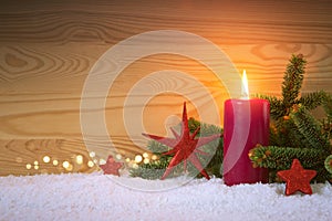 Christmas red decoration and Advent candle. Christmas card.