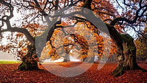 Avenue of ancient oak trees in autumn with a leaf-covered path