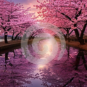 An avenue of blossoming cherry trees generated by artificial intelligence
