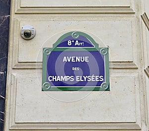 Avenue des Champs-Elysees street sign close-up. Paris, France.