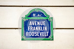 Avenue Franklin Roosevelt street sign, Paris, France photo