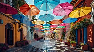 An avenue lined with colorful umbrellas creates a vibrant and romantic scene in a charming village
