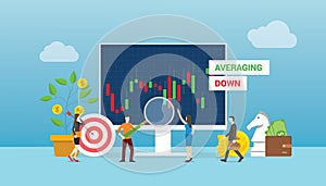 Averaging down stock concept with team people working on stocks market graph and chart with modern flat style