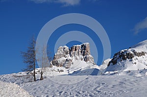 Averau mountain group in winter, the highest mountain of the Nuvolau Group in the Dolomites, located in the Province of Belluno