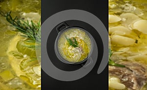 Avgolemono, traditional greek chicken soup on black and blurry background