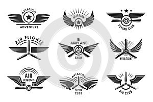 Avia badges. Pilot logotypes with stylized wings and place for personal text recent vector template photo