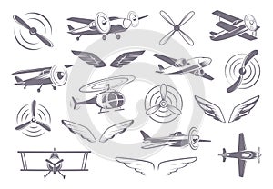 Avia badges. Propellers wings airplanes helicopters stylized symbols for travel company exact vector templates