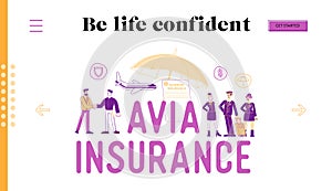 Avia Insurance Landing Page Template. Security and Money Compensation. Agent Shaking Hand to Client, Pilot