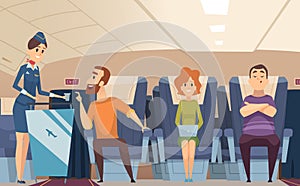 Avia passengers. Boarding stewardess offers food to sitting man in airplane board vector cartoon background photo