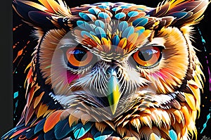 Avian Abstract Symphony: Owl Portrait Embracing Abstract Art, Vibrant Double Exposure Technique, Bright Colors Meshing as If