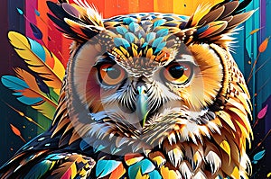 Avian Abstract Symphony: Owl Portrait Embracing Abstract Art, Vibrant Double Exposure Technique, Bright Colors Meshing as If