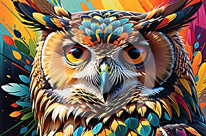 Avian Abstract Symphony: Owl Portrait Embracing Abstract Art, Vibrant Double Exposure Technique, Bright Colors Meshing as If