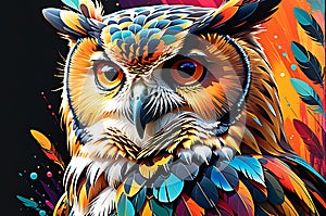 Avian Abstract Symphony: Owl Portrait Embracing Abstract Art, Vibrant Double Exposure Technique, Bright Colors Meshing as If