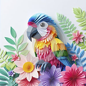 Avian Artistry: Kirigami Parrot Flourishes Amid Colorful Blooms, Isolated on White for Maximum Charm