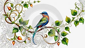 Avian Elegance: Artistic Bird Perched on Vine and Leaves