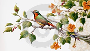 Avian Elegance: Artistic Bird Perched on Vine and Leaves