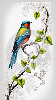 Avian Elegance: Artistic Bird Perched on Vine and Leaves