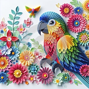 Avian Elegance in Paper: Kirigami Parrot Amidst Blossoms, Isolated on White for Aesthetic Brilliance