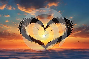 Avian Love: Flying Birds Forming Heart Shape in the Sunset Sky