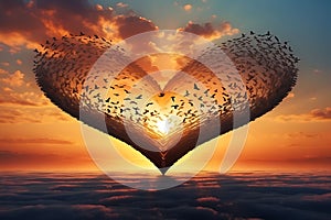 Avian Love: Flying Birds Forming Heart Shape in the Sunset Sky