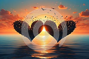 Avian Love: Flying Birds Forming Heart Shape in the Sunset Sky