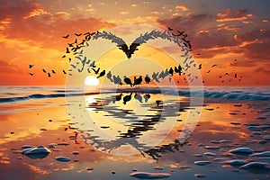 Avian Love: Flying Birds Forming Heart Shape in the Sunset Sky