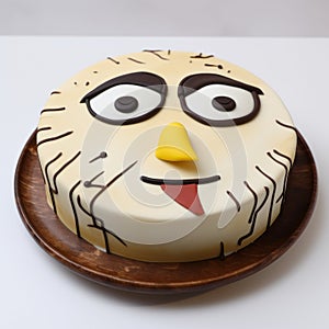 Avian-themed Birthday Cake With Cartoon Face And Large Eyes