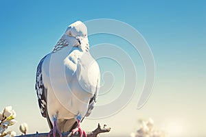 Avian tranquility Pigeon perched on branch under blue sky for Peace Day