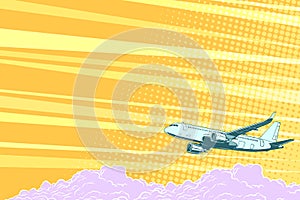 Aviation aircraft flying above the clouds, vector background