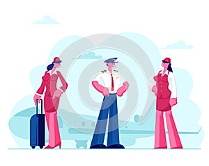 Aviation Aircrew Characters. Pilot and Stewardesses Wearing Uniform and Luggage Standing on Airport with Flying Jet Plane