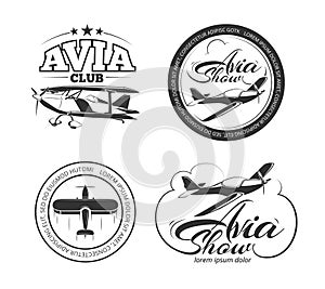 Aviation, airplane vector badges, logos, emblems, labels