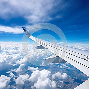 aviation as an airplane\'s wing soars through the vast, clear blue sky.