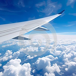 aviation as an airplane\'s wing soars through the vast, clear blue sky.