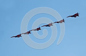 Aviation group `Swifts` on the MiG-29 demonstrates aerobatics at an Airshow