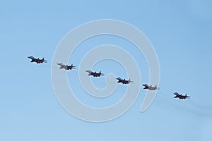 Aviation group `Swifts` on the MiG-29 demonstrates aerobatics at an Airshow