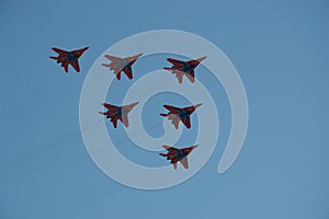 Aviation group `Swifts` on the MiG-29 demonstrates aerobatics at an Airshow