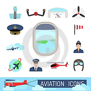 Aviation icons set airline station airport symbols departure terminal plane stewardess tourism vector illustration